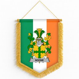 ScotsTee Shop Irish Noone or O'Noone Coat of Arms Ireland Flag and Irish Family Crest Green, White and Orange Wall Hanging Banner Gonfalon