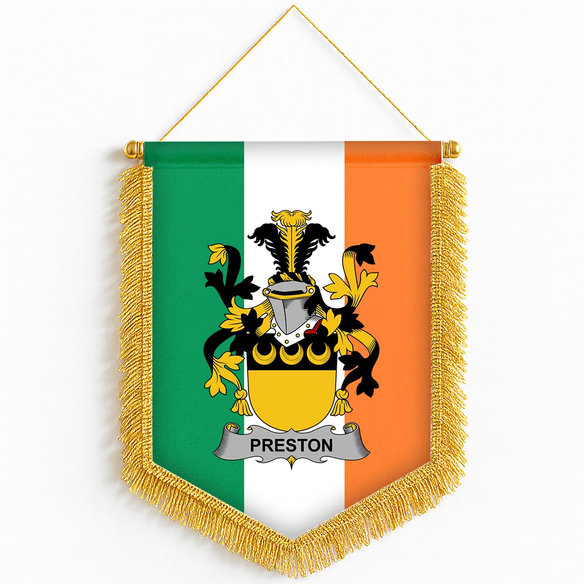 ScotsTee Shop Irish Preston Coat of Arms Ireland Flag and Irish Family Crest Green, White and Orange Wall Hanging Banner Gonfalon