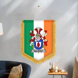 ScotsTee Shop Irish Mulrony or O'Mulroney Coat of Arms Ireland Flag and Irish Family Crest Green, White and Orange Wall Hanging Banner Gonfalon