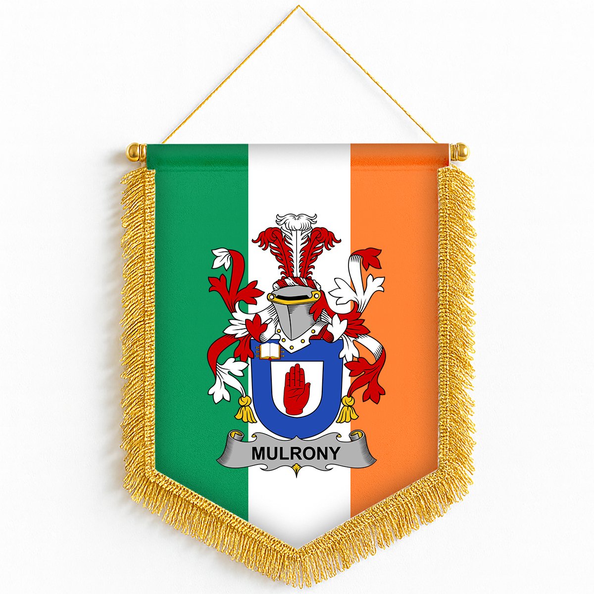 ScotsTee Shop Irish Mulrony or O'Mulroney Coat of Arms Ireland Flag and Irish Family Crest Green, White and Orange Wall Hanging Banner Gonfalon