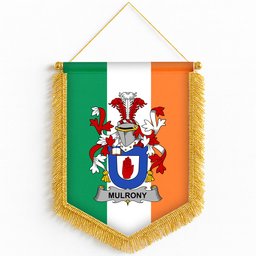 ScotsTee Shop Irish Mulrony or O'Mulroney Coat of Arms Ireland Flag and Irish Family Crest Green, White and Orange Wall Hanging Banner Gonfalon