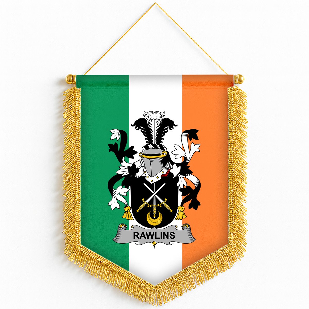 ScotsTee Shop Irish Rawlins Coat of Arms Ireland Flag and Irish Family Crest Green, White and Orange Wall Hanging Banner Gonfalon