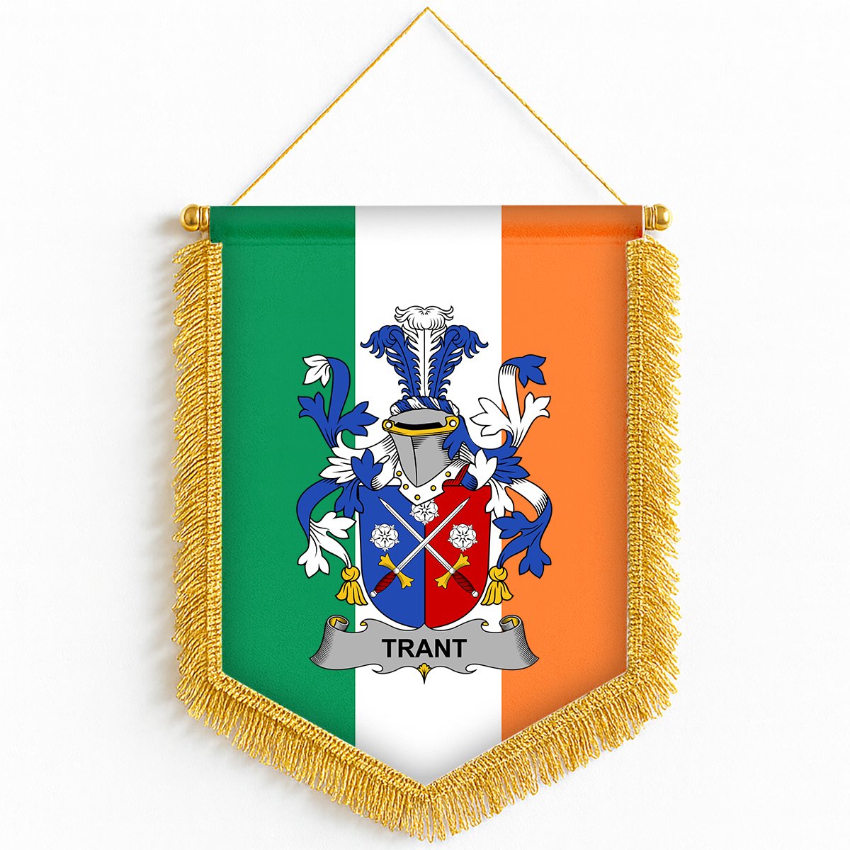 ScotsTee Shop Irish Trant or Trent Coat of Arms Ireland Flag and Irish Family Crest Green, White and Orange Wall Hanging Banner Gonfalon