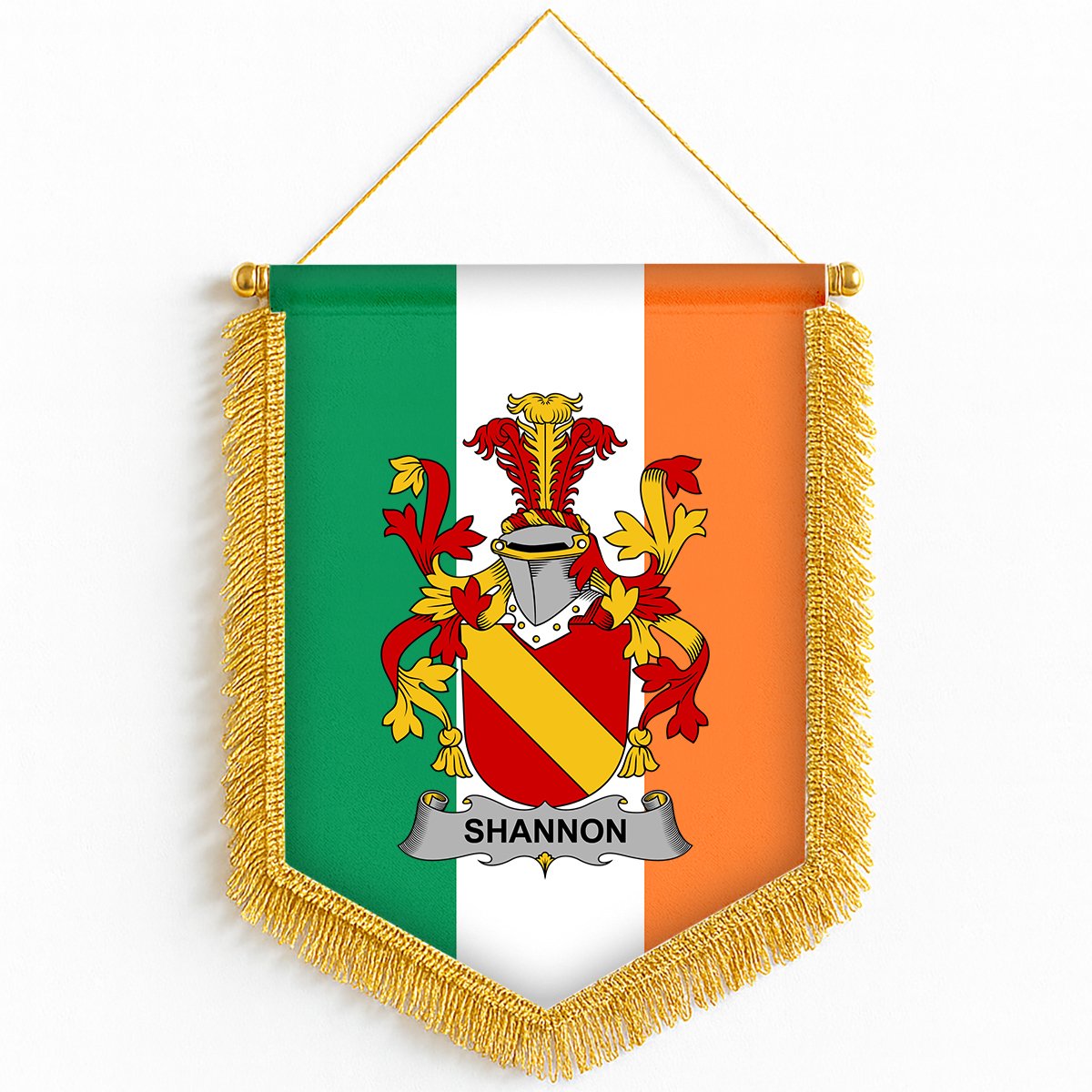 ScotsTee Shop Irish Shannon Coat of Arms Ireland Flag and Irish Family Crest Green, White and Orange Wall Hanging Banner Gonfalon