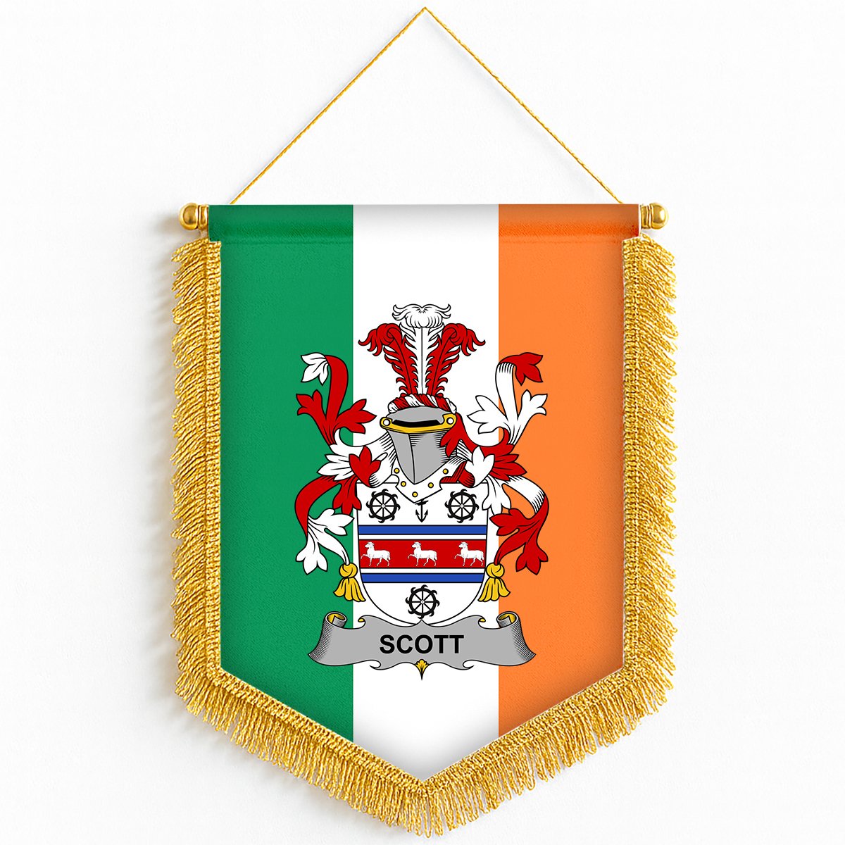 ScotsTee Shop Irish Scott Coat of Arms Ireland Flag and Irish Family Crest Green, White and Orange Wall Hanging Banner Gonfalon