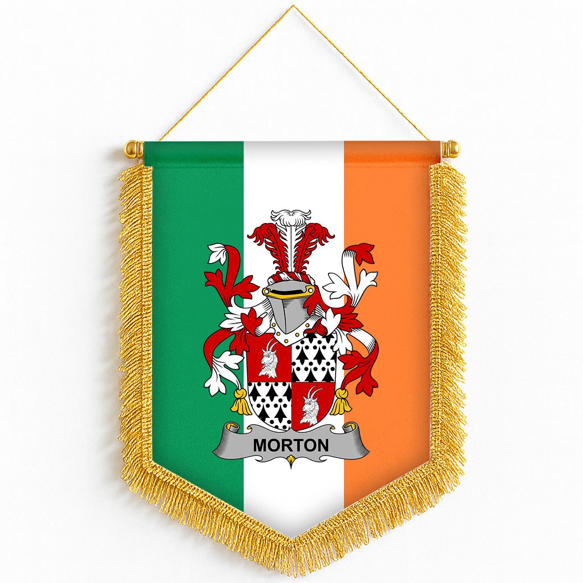 ScotsTee Shop Irish Morton Coat of Arms Ireland Flag and Irish Family Crest Green, White and Orange Wall Hanging Banner Gonfalon