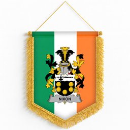 ScotsTee Shop Irish Nixon Coat of Arms Ireland Flag and Irish Family Crest Green, White and Orange Wall Hanging Banner Gonfalon