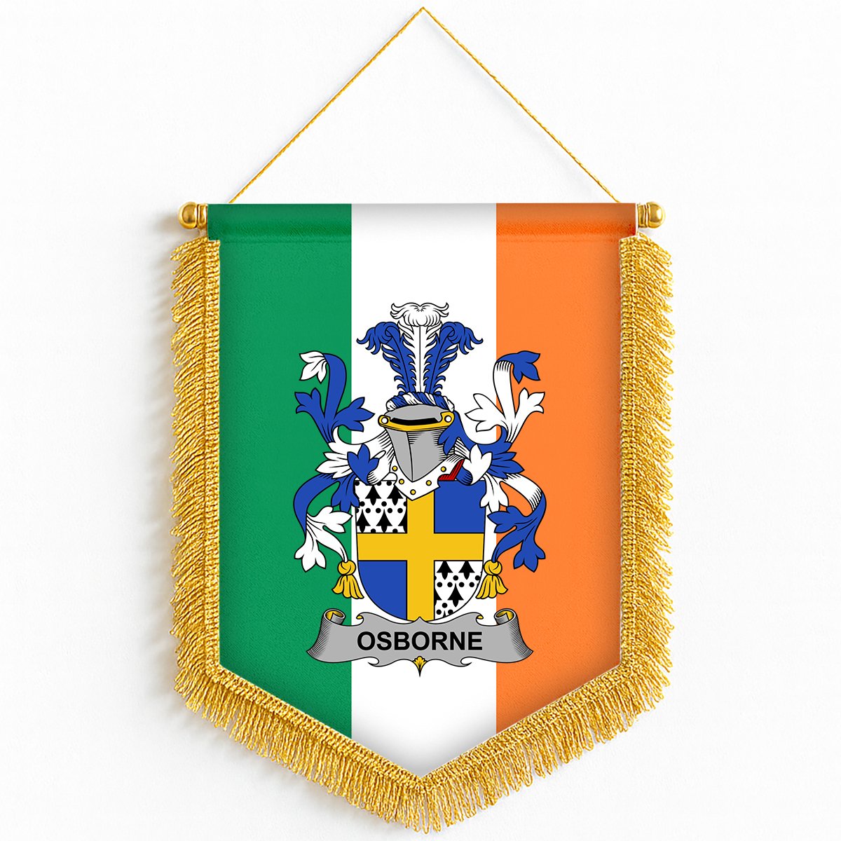 ScotsTee Shop Irish Osborne Coat of Arms Ireland Flag and Irish Family Crest Green, White and Orange Wall Hanging Banner Gonfalon