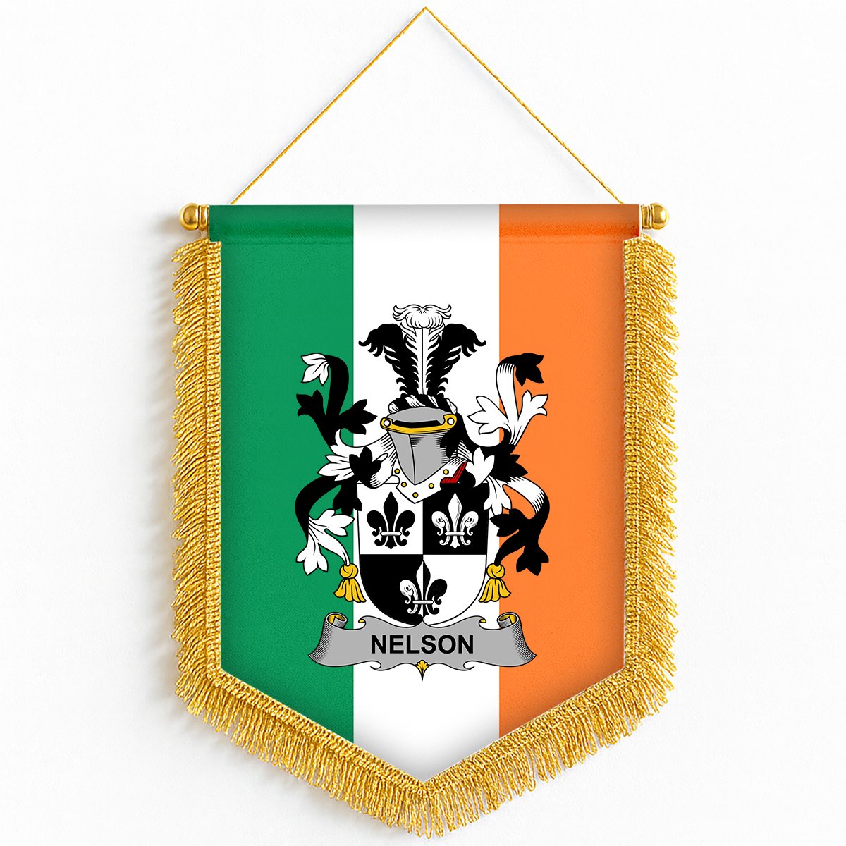 ScotsTee Shop Irish Nelson or Nealson Coat of Arms Ireland Flag and Irish Family Crest Green, White and Orange Wall Hanging Banner Gonfalon