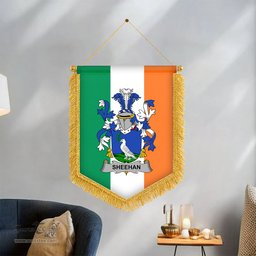 ScotsTee Shop Irish Sheehan or O'Sheehan Coat of Arms Ireland Flag and Irish Family Crest Green, White and Orange Wall Hanging Banner Gonfalon