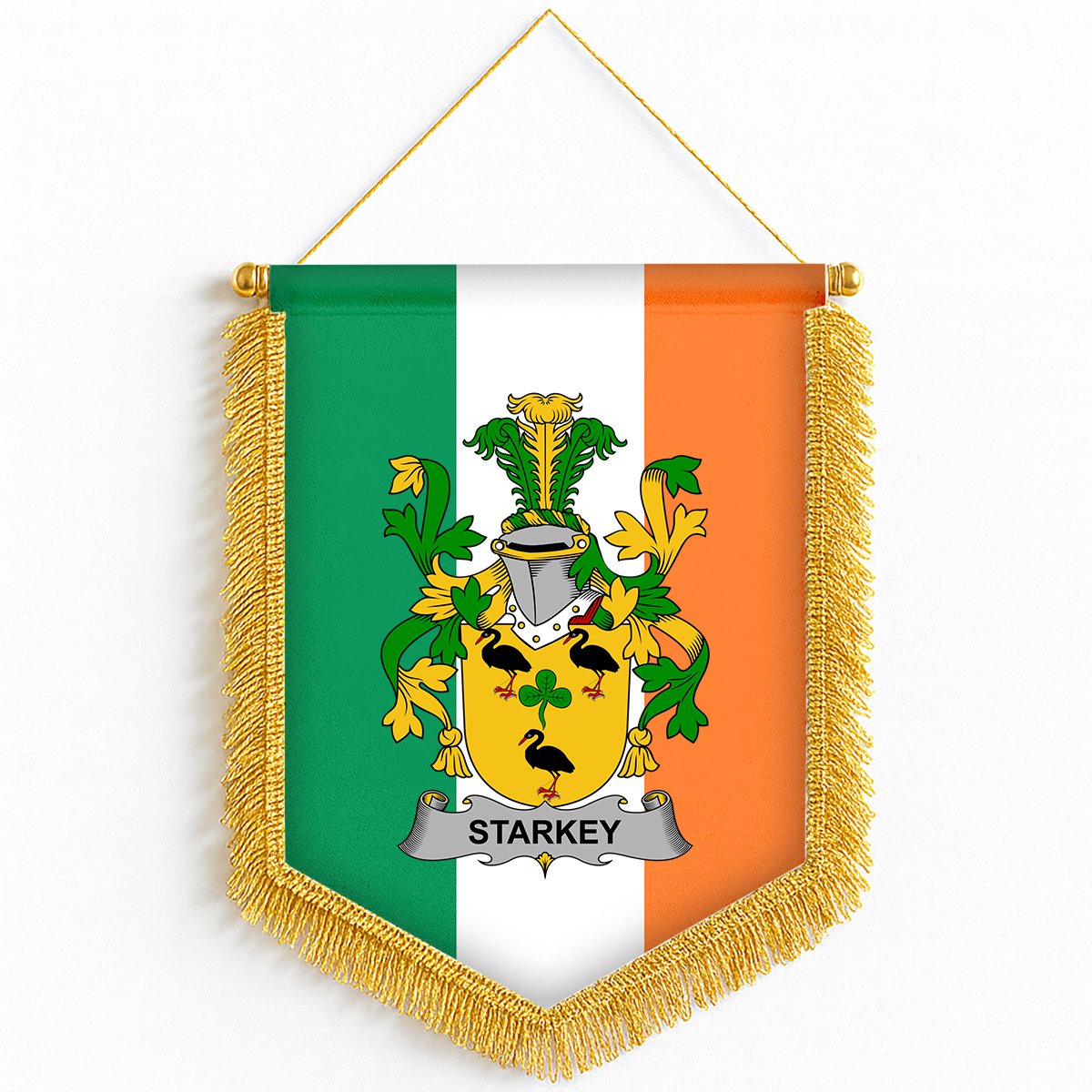ScotsTee Shop Irish Starkey Coat of Arms Ireland Flag and Irish Family Crest Green, White and Orange Wall Hanging Banner Gonfalon