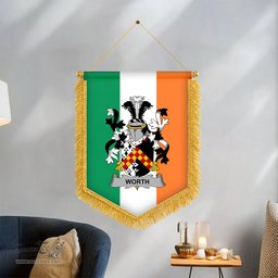 ScotsTee Shop Irish Worth or McWorth Coat of Arms Ireland Flag and Irish Family Crest Green, White and Orange Wall Hanging Banner Gonfalon
