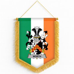 ScotsTee Shop Irish Worth or McWorth Coat of Arms Ireland Flag and Irish Family Crest Green, White and Orange Wall Hanging Banner Gonfalon