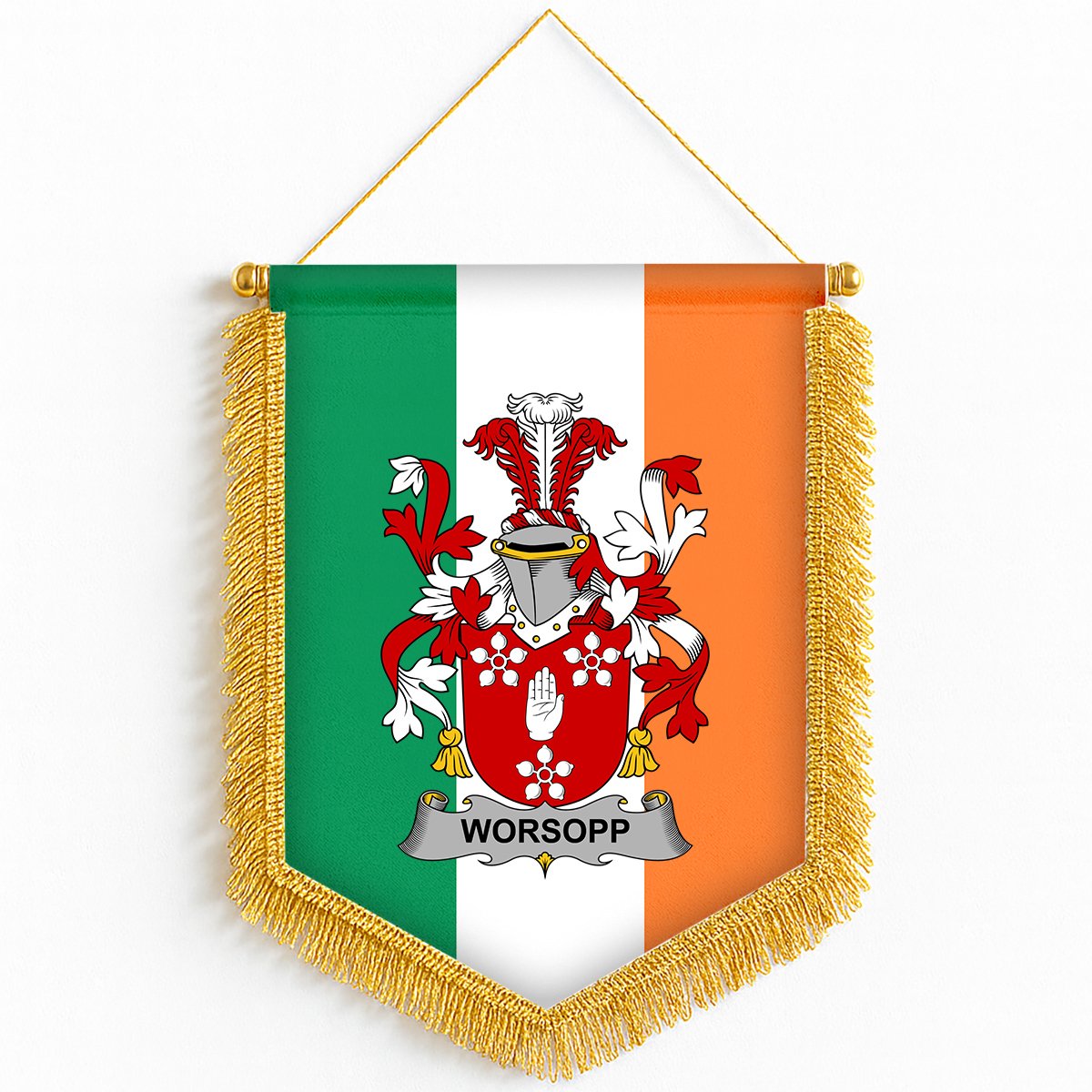 ScotsTee Shop Irish Worsopp Coat of Arms Ireland Flag and Irish Family Crest Green, White and Orange Wall Hanging Banner Gonfalon