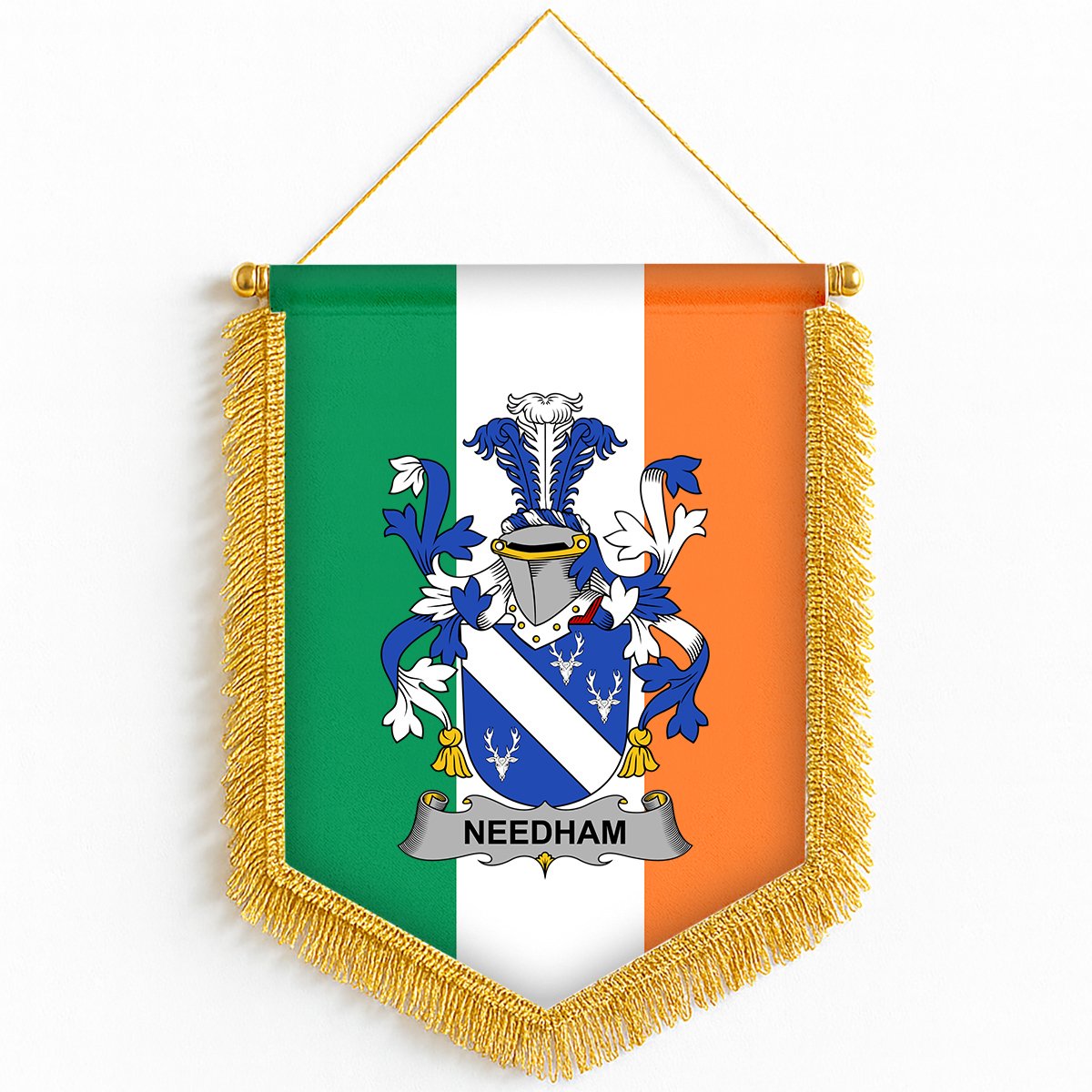 ScotsTee Shop Irish Needham or O'Nee Coat of Arms Ireland Flag and Irish Family Crest Green, White and Orange Wall Hanging Banner Gonfalon