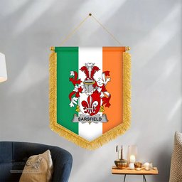 ScotsTee Shop Irish Sarsfield Coat of Arms Ireland Flag and Irish Family Crest Green, White and Orange Wall Hanging Banner Gonfalon