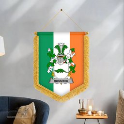 ScotsTee Shop Irish Rossiter Coat of Arms Ireland Flag and Irish Family Crest Green, White and Orange Wall Hanging Banner Gonfalon