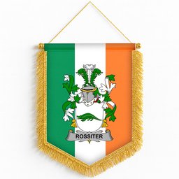 ScotsTee Shop Irish Rossiter Coat of Arms Ireland Flag and Irish Family Crest Green, White and Orange Wall Hanging Banner Gonfalon