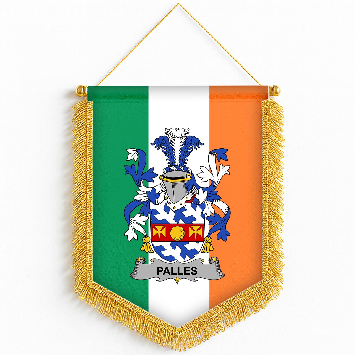 ScotsTee Shop Irish Palles Coat of Arms Ireland Flag and Irish Family Crest Green, White and Orange Wall Hanging Banner Gonfalon