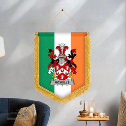 ScotsTee Shop Irish Nicholls or Nichols Coat of Arms Ireland Flag and Irish Family Crest Green, White and Orange Wall Hanging Banner Gonfalon
