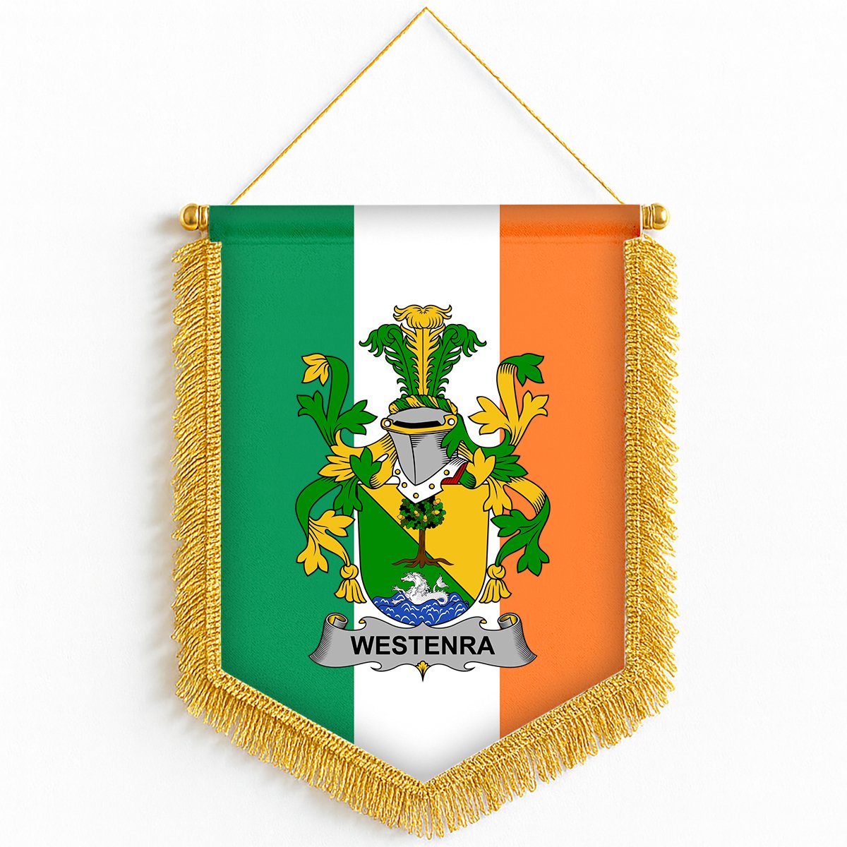 ScotsTee Shop Irish Westenra Coat of Arms Ireland Flag and Irish Family Crest Green, White and Orange Wall Hanging Banner Gonfalon