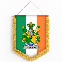 ScotsTee Shop Irish Westenra Coat of Arms Ireland Flag and Irish Family Crest Green, White and Orange Wall Hanging Banner Gonfalon