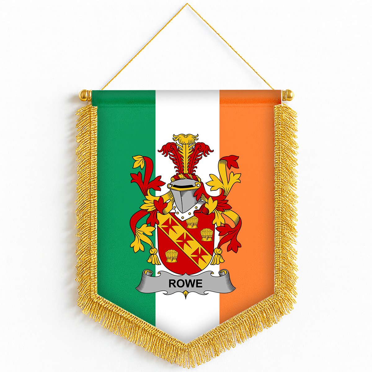 ScotsTee Shop Irish Rowe Coat of Arms Ireland Flag and Irish Family Crest Green, White and Orange Wall Hanging Banner Gonfalon