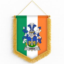 ScotsTee Shop Irish Owen Coat of Arms Ireland Flag and Irish Family Crest Green, White and Orange Wall Hanging Banner Gonfalon