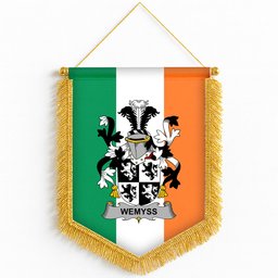 ScotsTee Shop Irish Wemyss Coat of Arms Ireland Flag and Irish Family Crest Green, White and Orange Wall Hanging Banner Gonfalon