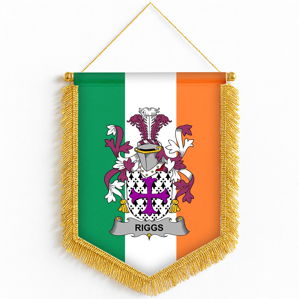 ScotsTee Shop Irish Riggs Coat of Arms Ireland Flag and Irish Family Crest Green, White and Orange Wall Hanging Banner Gonfalon