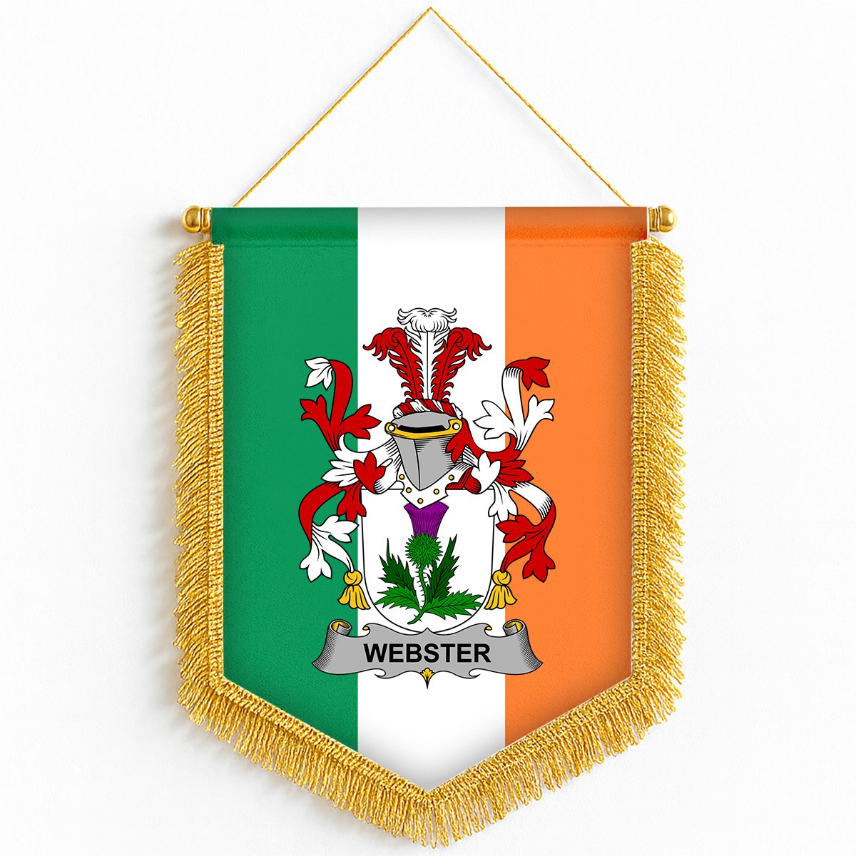 ScotsTee Shop Irish Webster Coat of Arms Ireland Flag and Irish Family Crest Green, White and Orange Wall Hanging Banner Gonfalon