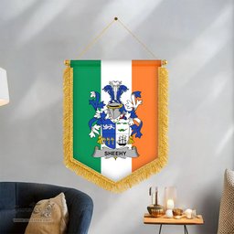 ScotsTee Shop Irish Sheehy or McSheehy Coat of Arms Ireland Flag and Irish Family Crest Green, White and Orange Wall Hanging Banner Gonfalon
