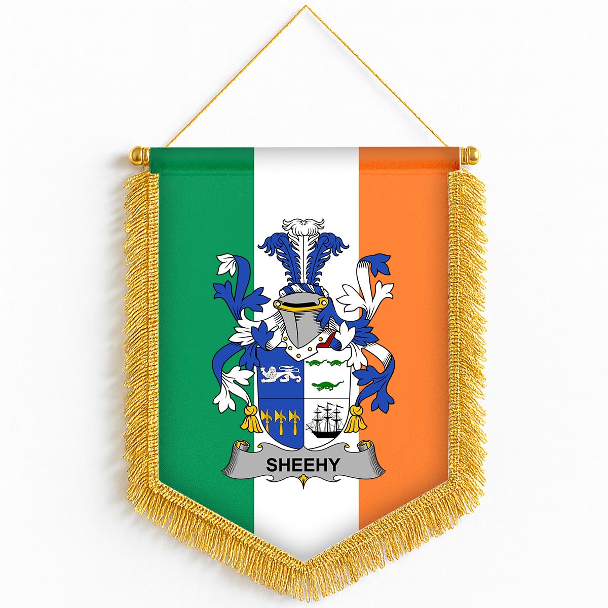 ScotsTee Shop Irish Sheehy or McSheehy Coat of Arms Ireland Flag and Irish Family Crest Green, White and Orange Wall Hanging Banner Gonfalon