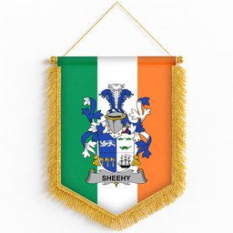 ScotsTee Shop Irish Sheehy or McSheehy Coat of Arms Ireland Flag and Irish Family Crest Green, White and Orange Wall Hanging Banner Gonfalon
