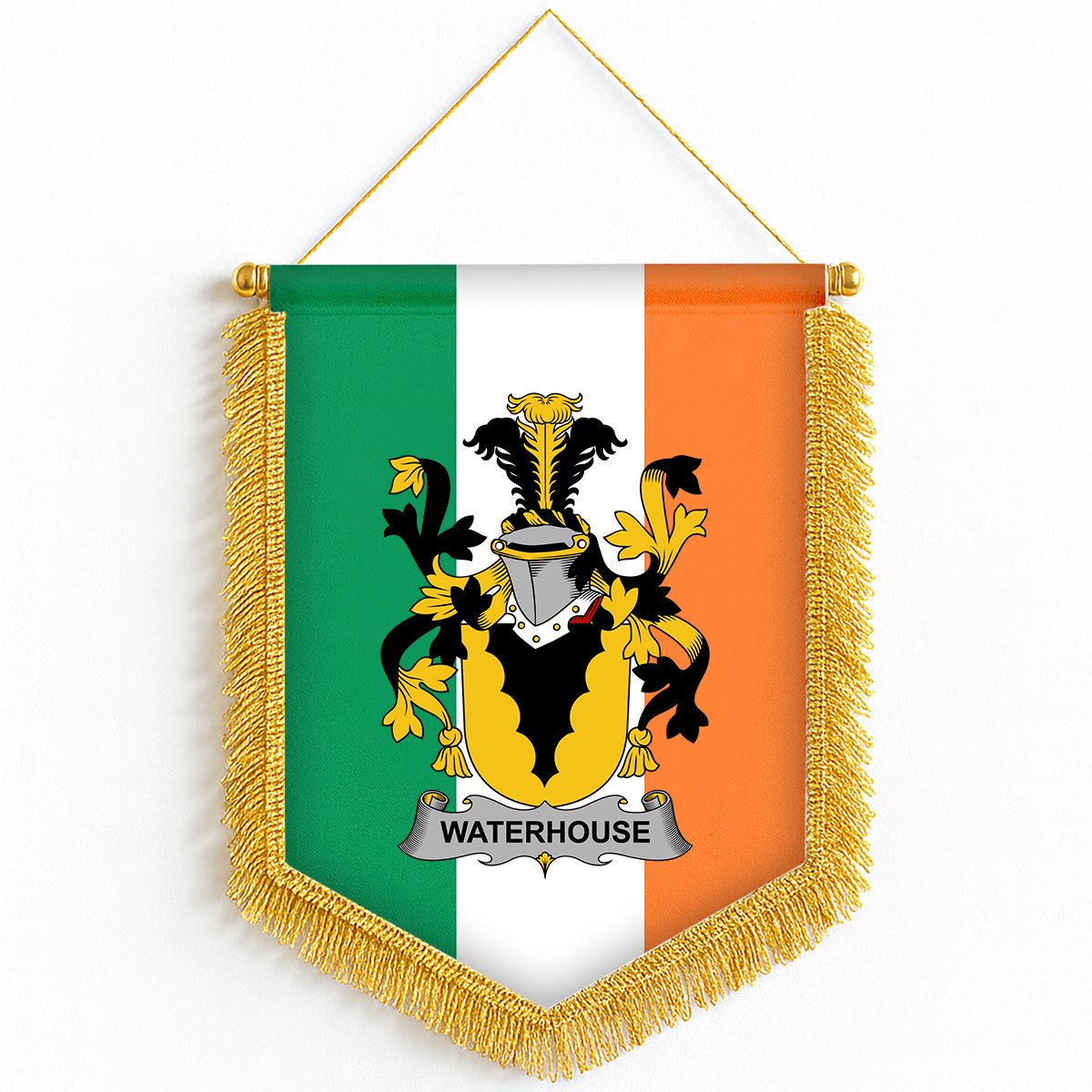ScotsTee Shop Irish Waterhouse Coat of Arms Ireland Flag and Irish Family Crest Green, White and Orange Wall Hanging Banner Gonfalon