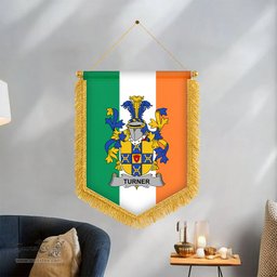 ScotsTee Shop Irish Turner Coat of Arms Ireland Flag and Irish Family Crest Green, White and Orange Wall Hanging Banner Gonfalon