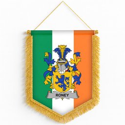 ScotsTee Shop Irish Roney or O'Rooney Coat of Arms Ireland Flag and Irish Family Crest Green, White and Orange Wall Hanging Banner Gonfalon