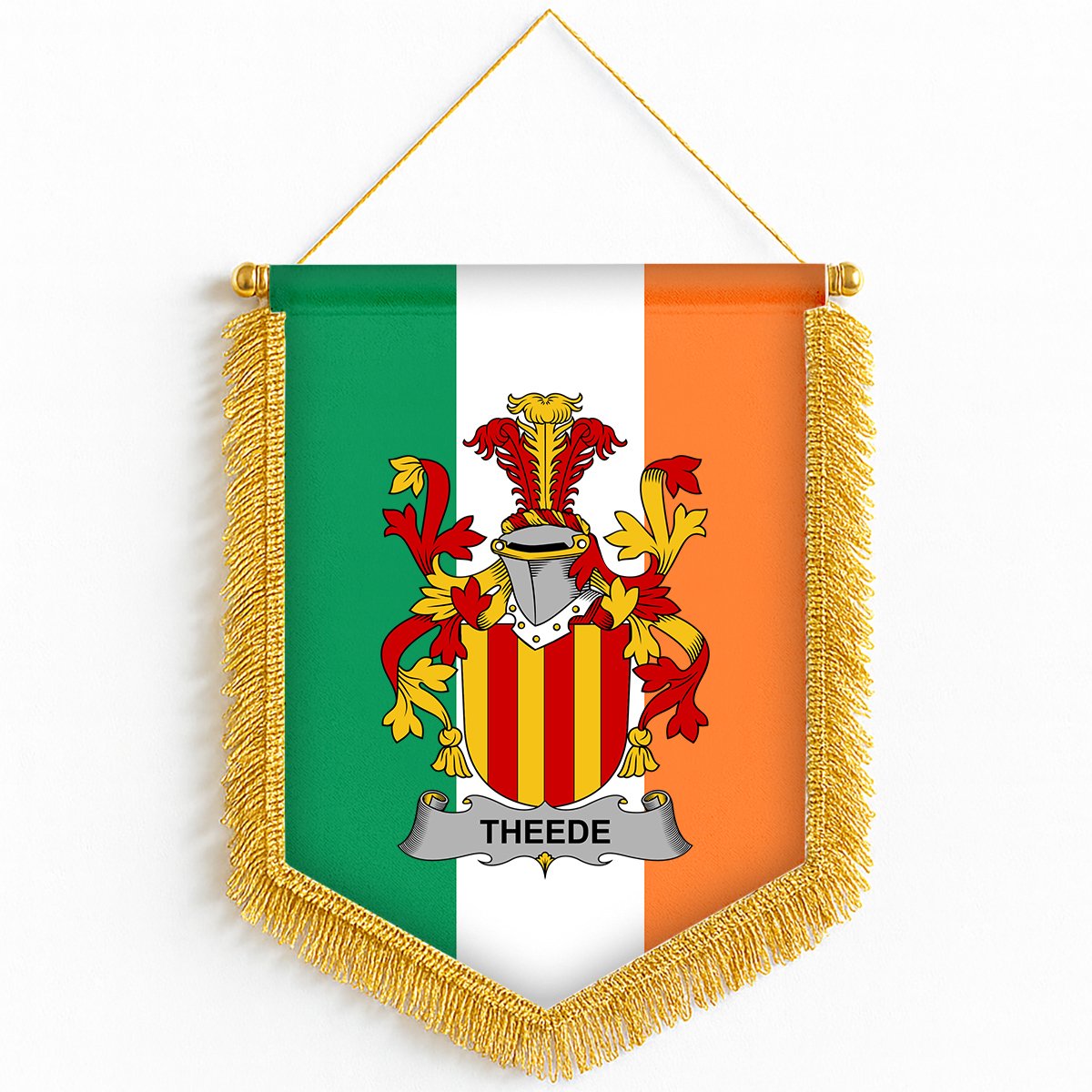 ScotsTee Shop Irish Theede Coat of Arms Ireland Flag and Irish Family Crest Green, White and Orange Wall Hanging Banner Gonfalon