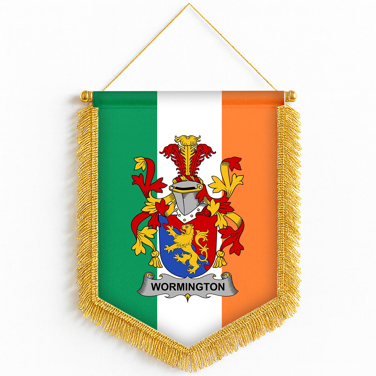 ScotsTee Shop Irish Wormington Coat of Arms Ireland Flag and Irish Family Crest Green, White and Orange Wall Hanging Banner Gonfalon