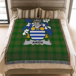 ScotsTee Shop Irish Aiken Clan Coat of Arms Irish Tartan Woven Blanket