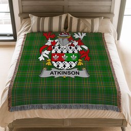 ScotsTee Shop Irish Atkinson Clan Coat of Arms Irish Tartan Woven Blanket