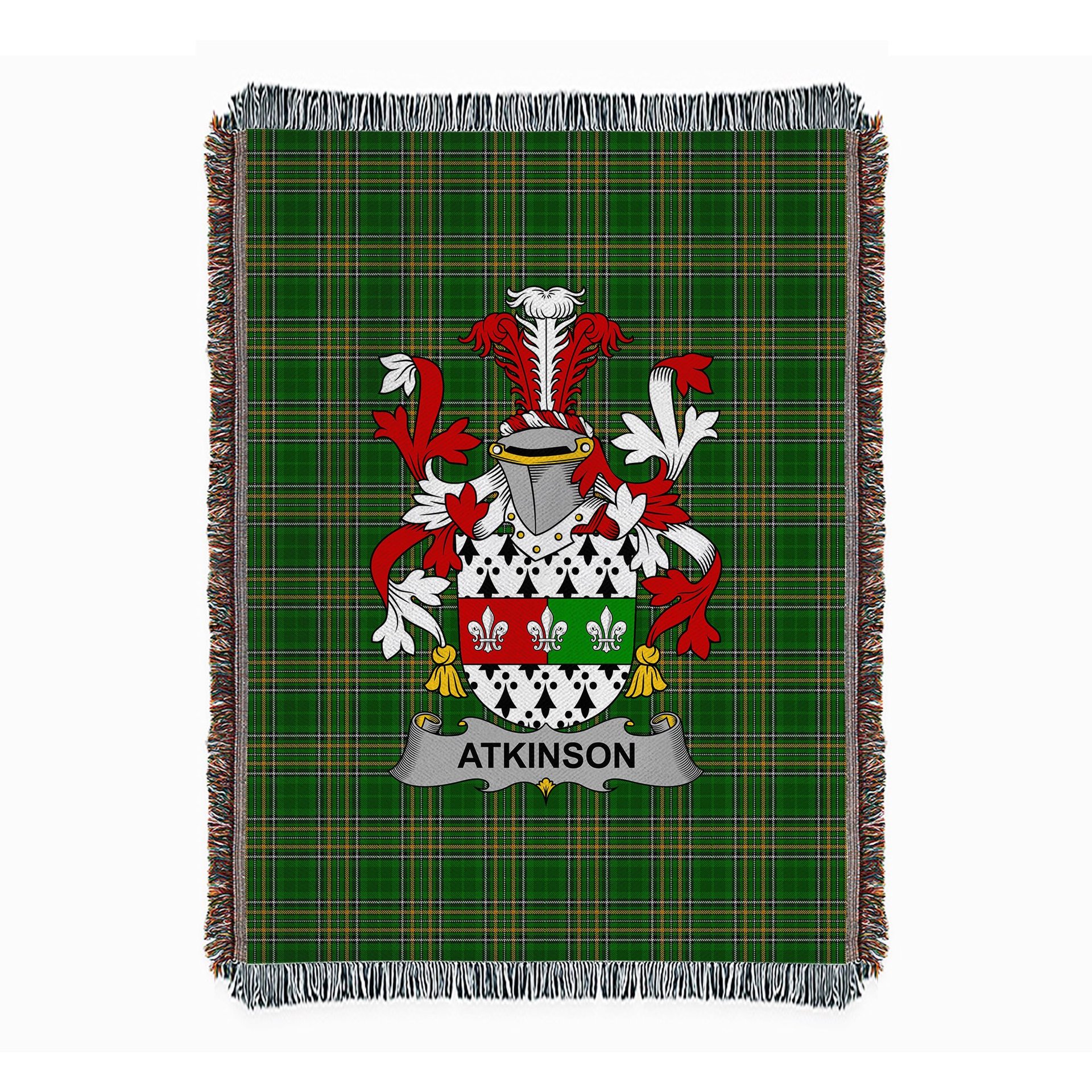 ScotsTee Shop Irish Atkinson Clan Coat of Arms Irish Tartan Woven Blanket