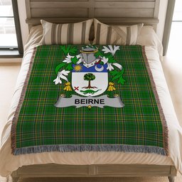ScotsTee Shop Irish Beirne or O'Beirne Clan Coat of Arms Irish Tartan Woven Blanket