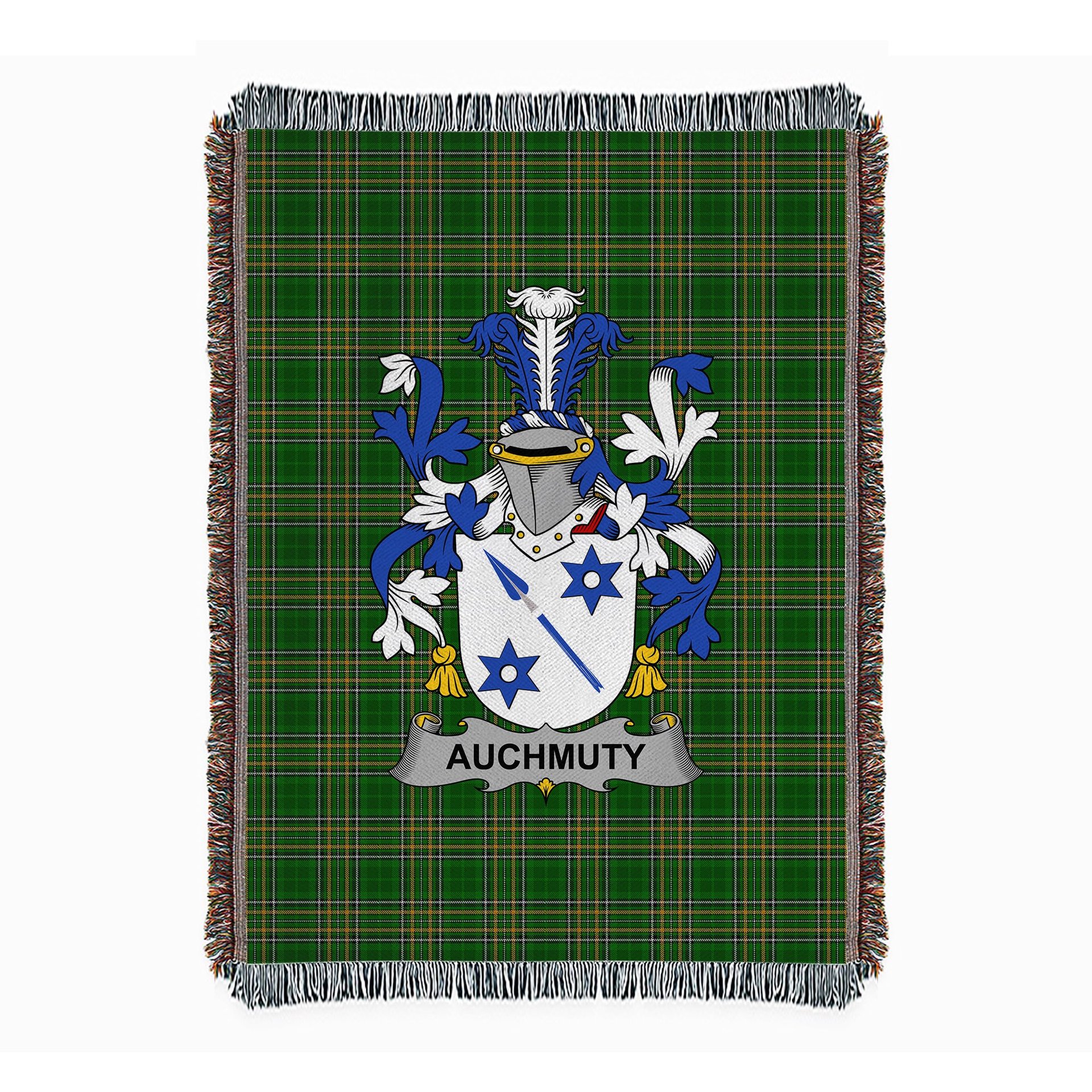 ScotsTee Shop Irish Auchmuty Clan Coat of Arms Irish Tartan Woven Blanket