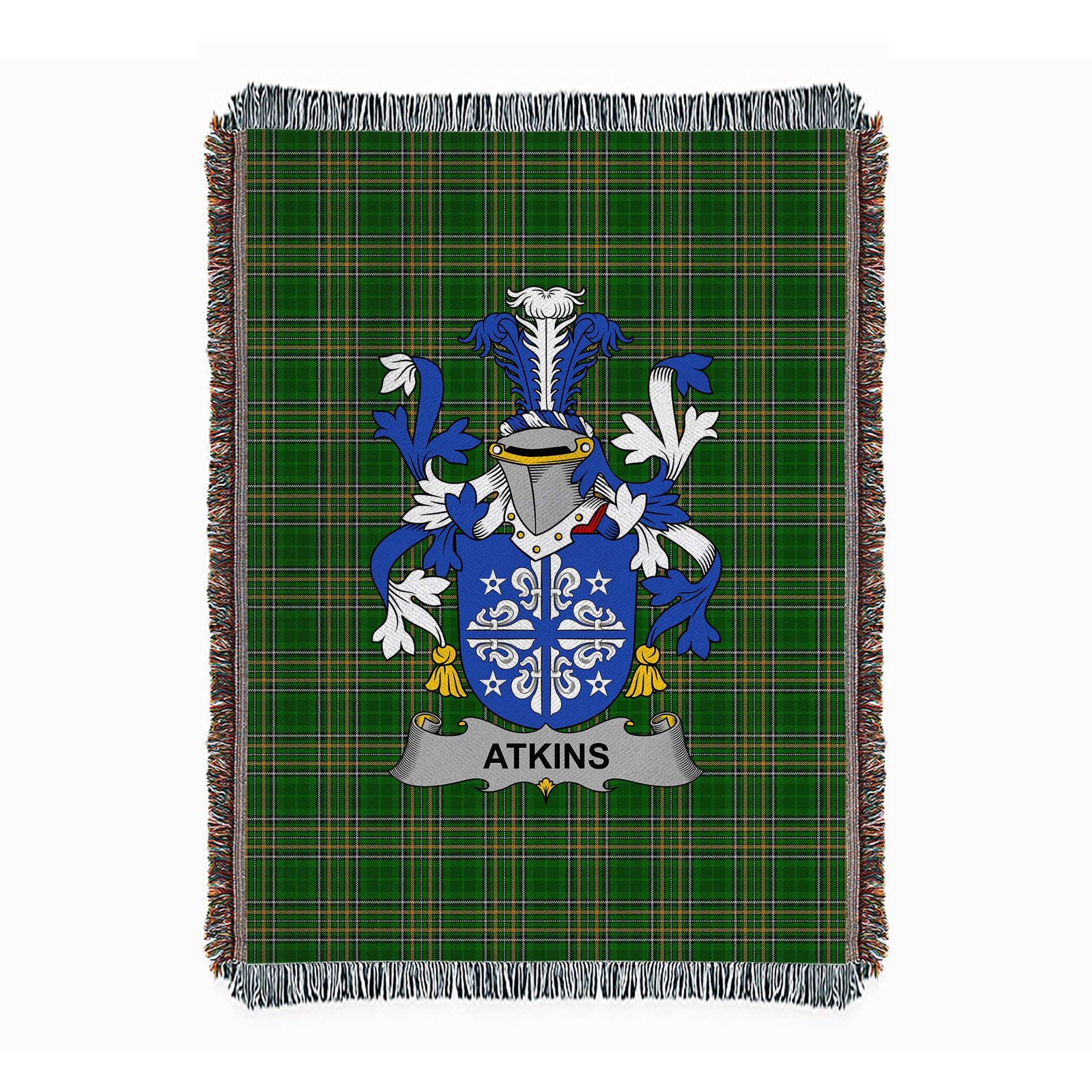 ScotsTee Shop Irish Atkins Clan Coat of Arms Irish Tartan Woven Blanket