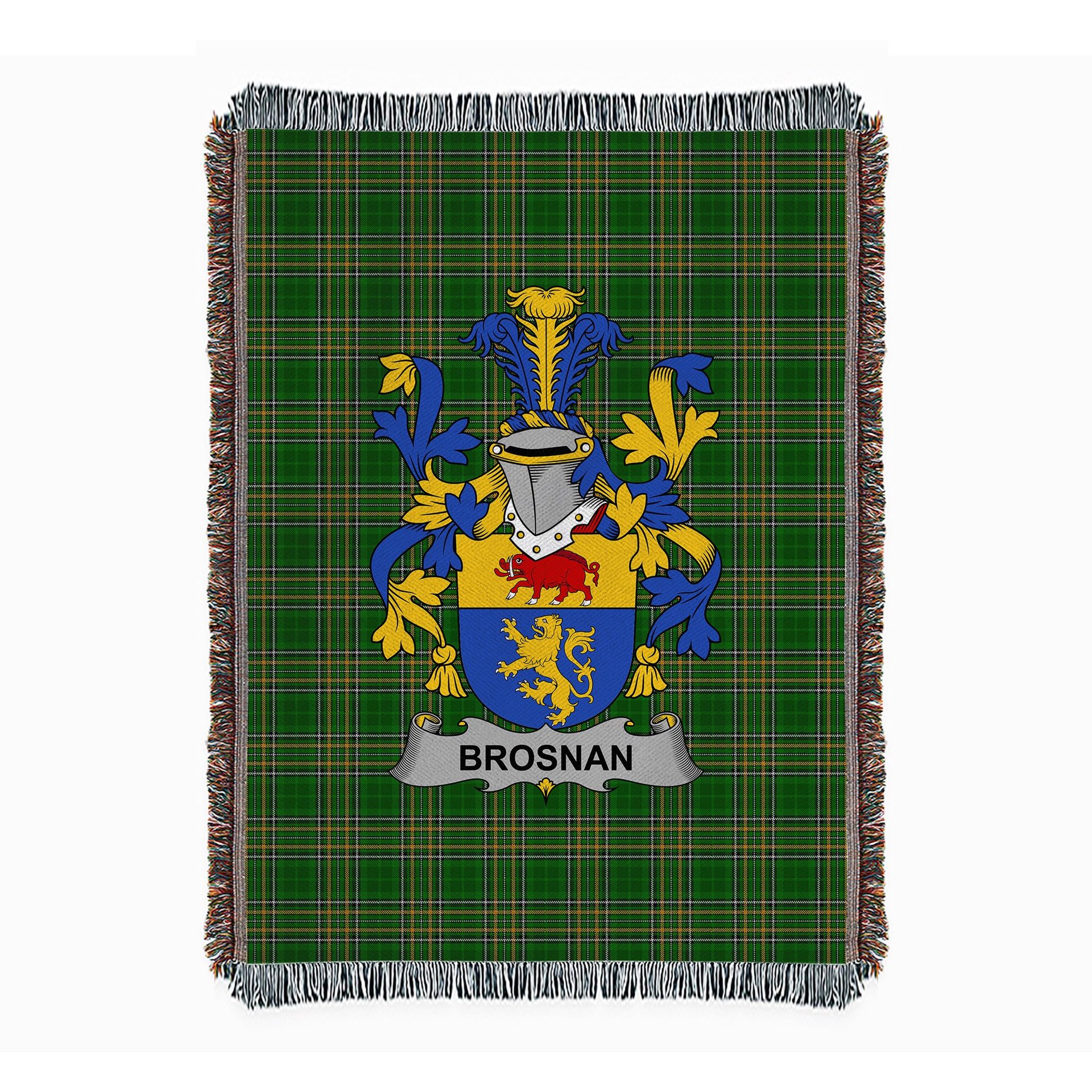 ScotsTee Shop Irish Brosnan or O'Brosnan Clan Coat of Arms Irish Tartan Woven Blanket