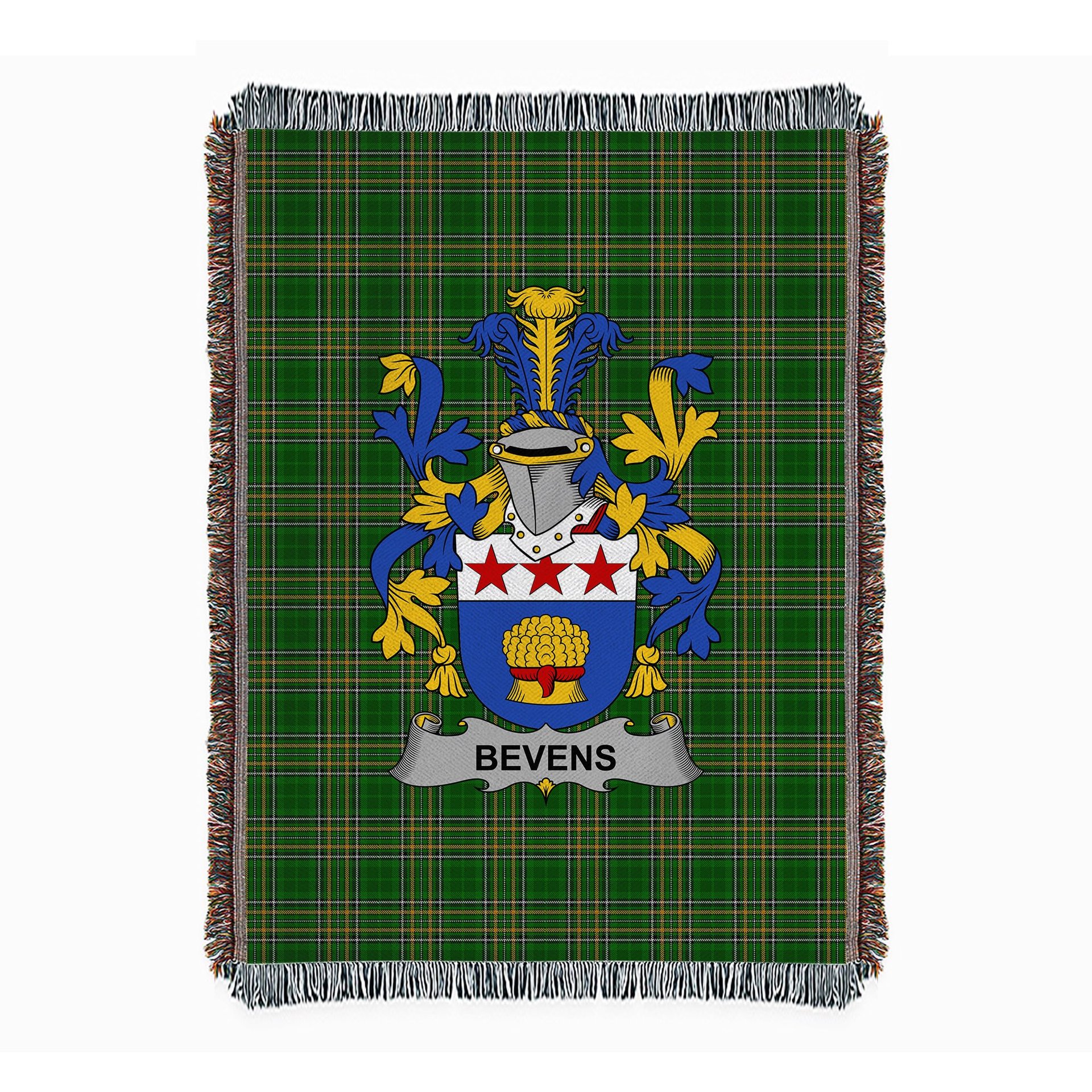 ScotsTee Shop Irish Bevens Clan Coat of Arms Irish Tartan Woven Blanket