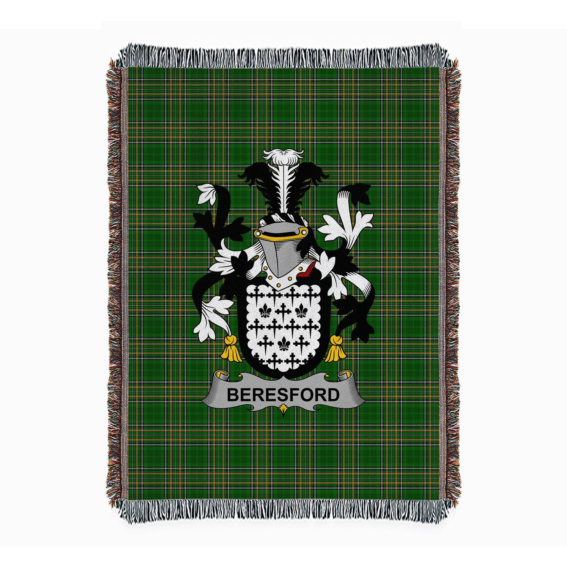 ScotsTee Shop Irish Beresford Clan Coat of Arms Irish Tartan Woven Blanket