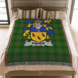 ScotsTee Shop Irish Fisher Clan Coat of Arms Irish Tartan Woven Blanket