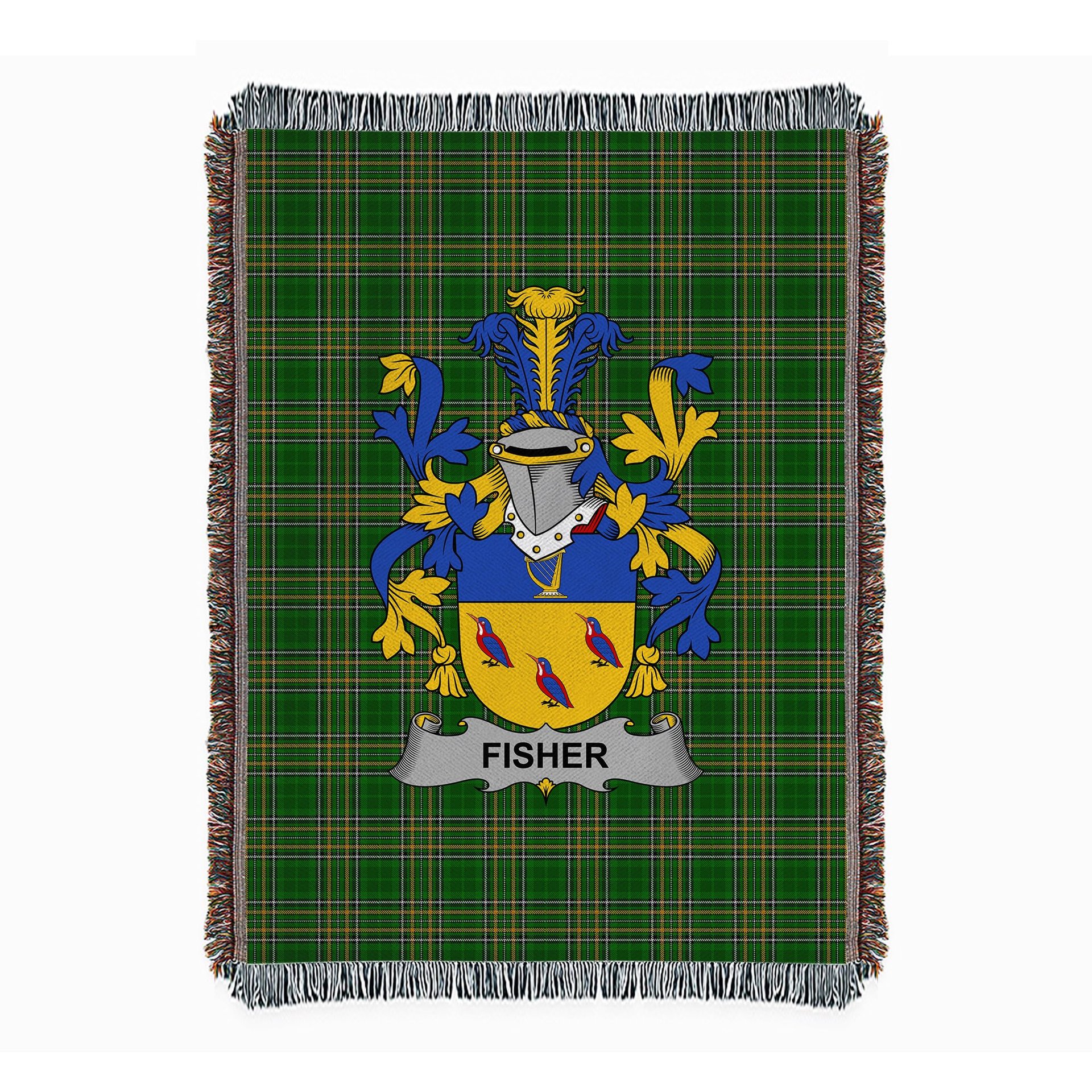 ScotsTee Shop Irish Fisher Clan Coat of Arms Irish Tartan Woven Blanket